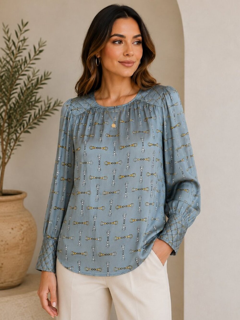 Blue Blouse with Gold and Silver Chain Print Quilted Detail Long Sleeve Top